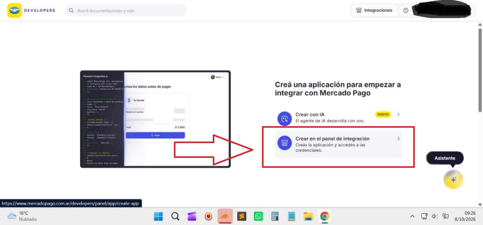 Paso 3: Crear aplicación desde el panel de integración