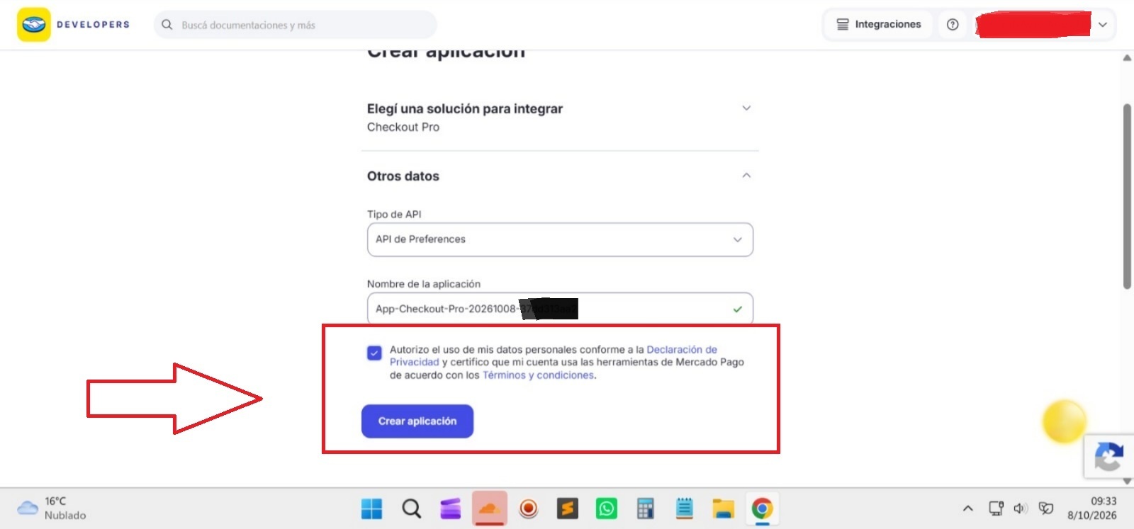 Paso 5: Completar el formulario y crear aplicación