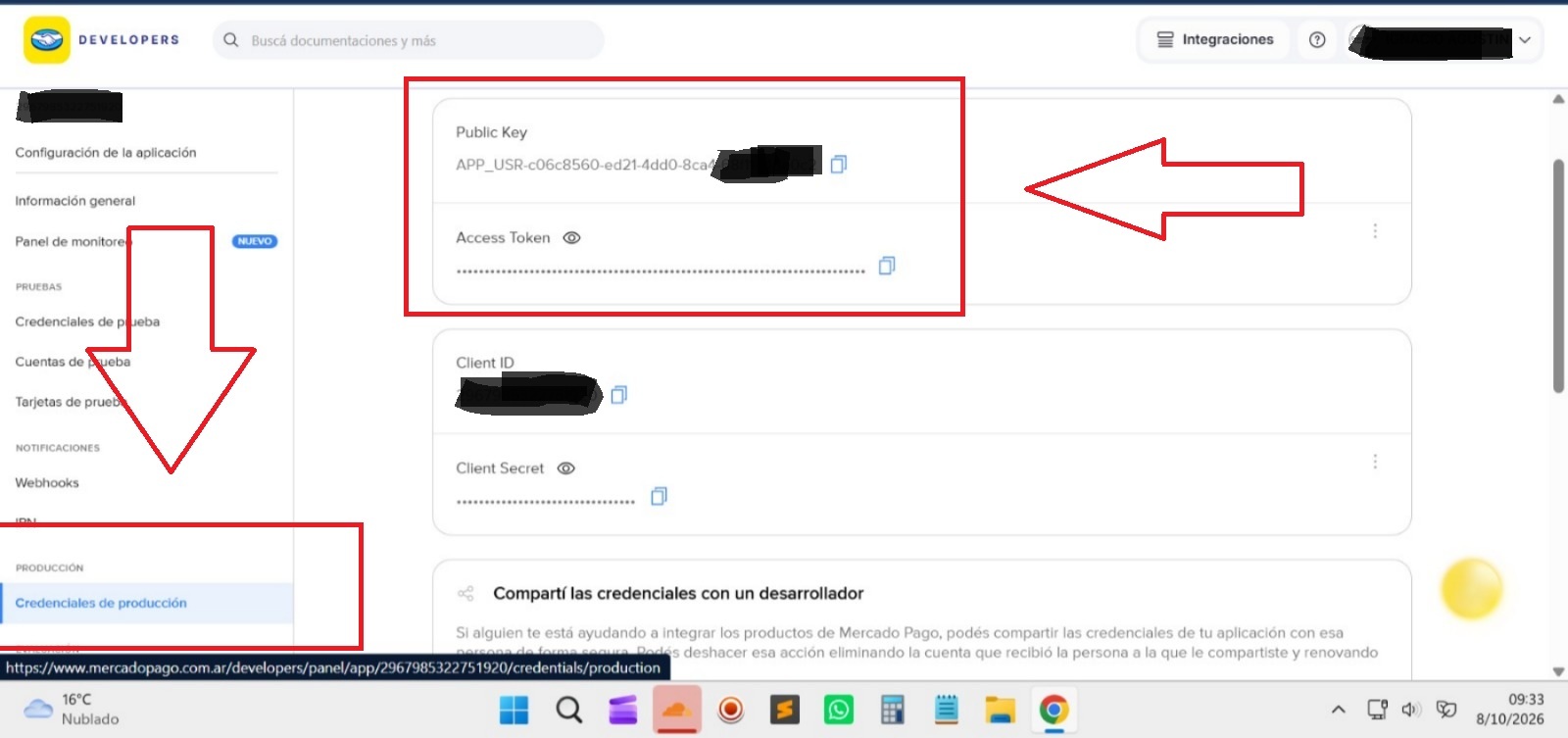 Paso 6: Ubicar y copiar Public Key y Access Token de producción